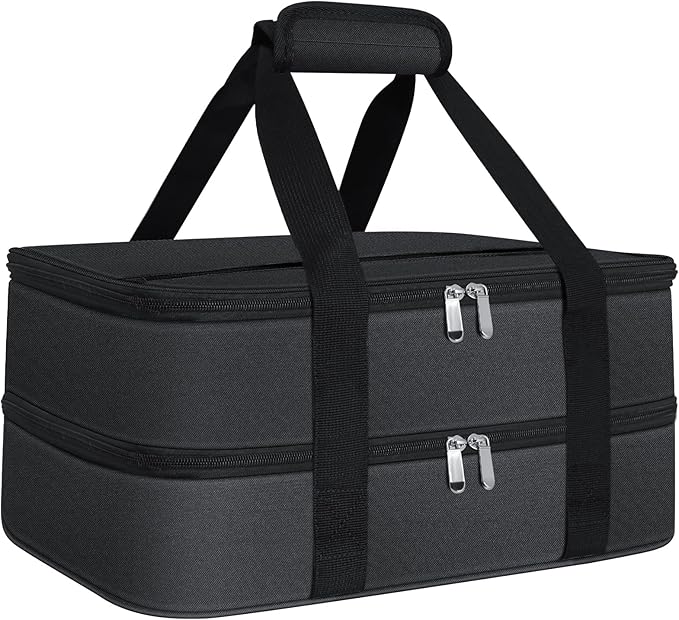 esouler Double Insulated Casserole Carrier Bag Hot & Cold Food Carrier Bag Lasagna Holder Lunch Bag for Picnics, Parties, Travel, Fits 9 x 13 Inches Casserole Dish-Black