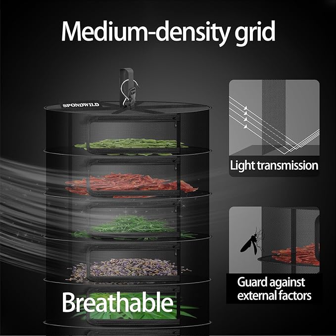 Herb Drying Rack Hanging Mesh Net，Medium 4+1 Layer Plant Drying Rack with Door-Type Zipper & Closed Storage Compartment for Folding Basket Dryer Fit in Grow Tents、Garden Outdoor