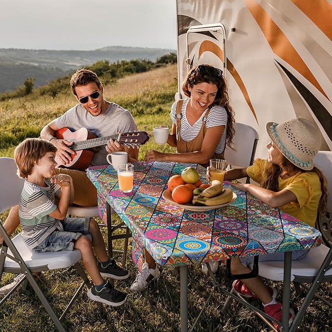Picnic Table Cover with Bench Covers Fitted Wrinkle Free Camping Table Cloths Hiking Glamping Supplies Travel Trailers Cooking Essential Holiday Festival Decor Gifts for Adult Who Want Nothing