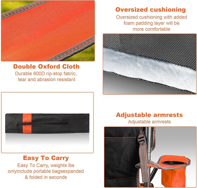 2 Pack Padded Oversized Camping Chairs for Adults,Heavy Duty Support 400 Lbs,Folding Portable Lawn Chair w/Cup Holder,Cooler Bag,Side Pocket,Perfect for Outdoor Picnic,Hiking(Orange&Blue)