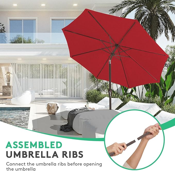 JEAREY 10FT Outdoor Patio Umbrella Outdoor Table Umbrella with Push Button Tilt and Crank, Market Umbrella 8 Sturdy Ribs UV Protection Waterproof for Pool, Garden (Light Red)