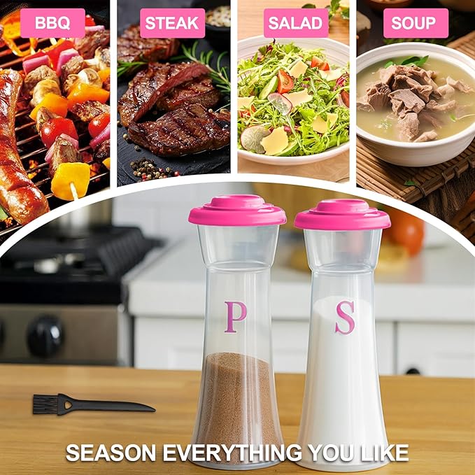 Set of 2 Clear Salt and Pepper Shakers, Plastic Spice Jars with Colorful Lids, Leakproof Moisture-Proof for Home Kitchen Restaurant, Camping, Travel, Picnic (Pink)