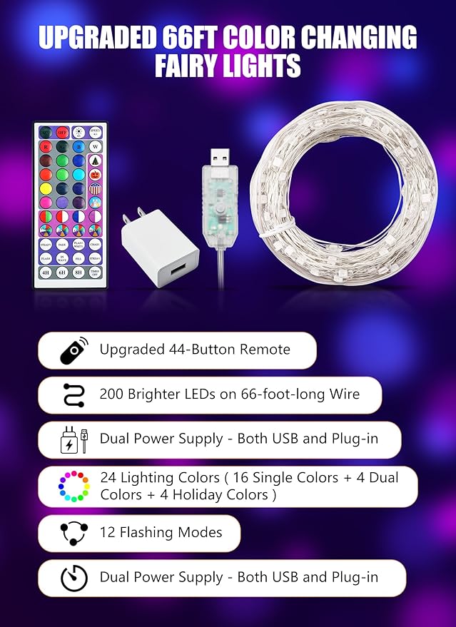 Minetom Upgraded Color Changing Fairy String Lights - 66 ft 200 LED 24 Colors USB Silver Wire Lights with Remote and Timer for DIY Bedroom Party Indoor Christmas Decoration, Adapter Included