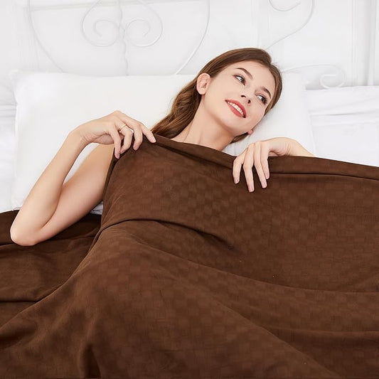 AmyHomie Cooling Blanket Queen Size, 100% Rayon Derived from Bamboo, Cool Summer Blanket for Hot Sleepers Soft Comfy Lightweight Checkered Blankets for All Seasons(Mocha, 90”x90”)