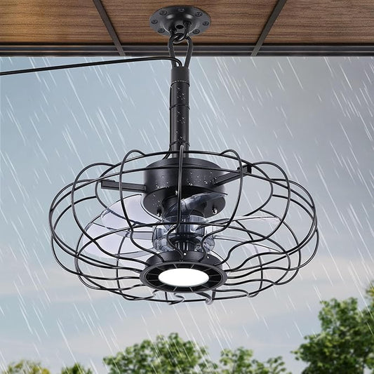 15" Outdoor Ceiling Fans with Lights and Remote,Black Waterproof Gazebo Fan, Plug in Ceiling Fan with 3 Color LED Light, Portable Hanging Gazebo Fans with Plug in Cord Hook for Patios