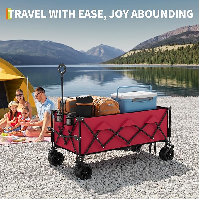 Heavy Duty Foldable Wagon for Beach, Extra Large Collapsible Foldable Wagon for Camping, All Terrain Beach Wagons Extended with Cup Holders for Sand