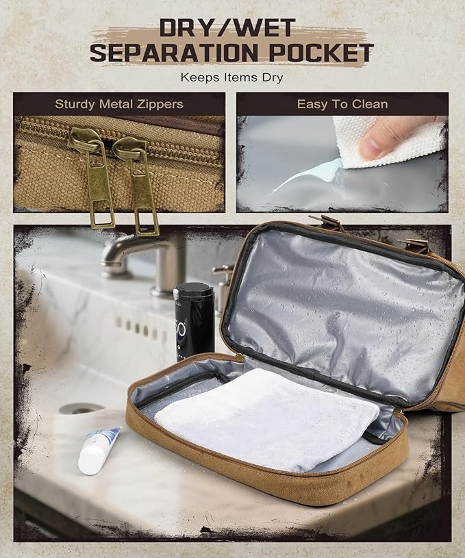 ARCFOX Travel Hanging Toiletry Bag for Men, Vintage Canvas Large Toiletry Bag with 7 Compartments, Camping Gym Travel Toiletry Kit Organizer with PVC Wet & Dry Pockets, Personalized Wash Bag, Brown
