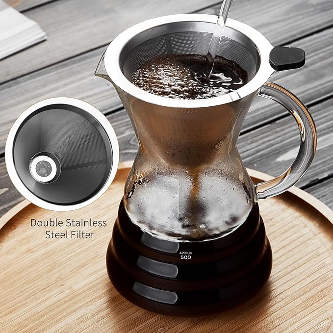 Unbreakable - Pour Over Coffee Maker with Permanent Stainless Filter 32 fl oz, Thickened Heat-Resistant Borosilicate Glass Dripper Coffee Brewer, Stovetop Safe
