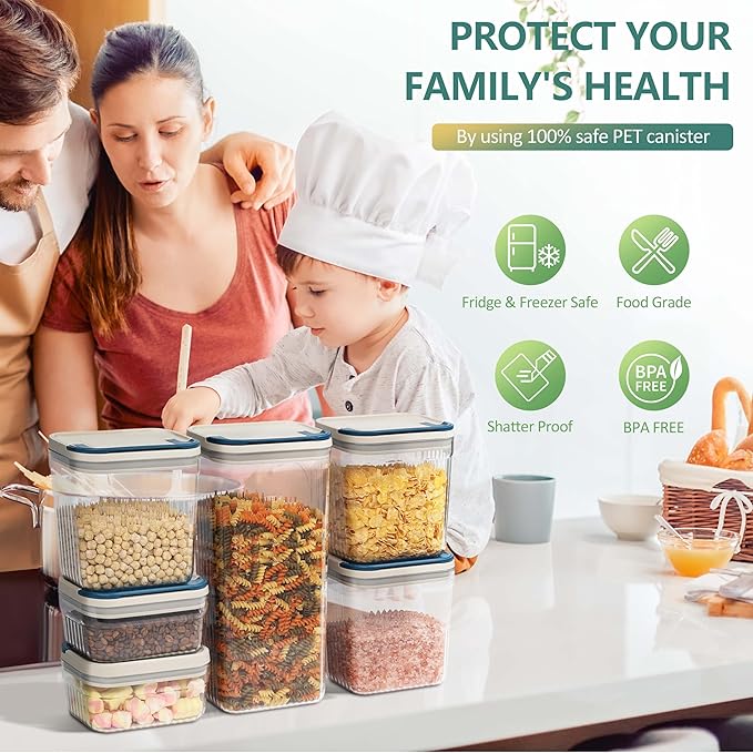 Flip-Lock Airtight Food Storage Containers 6-PC (0.6 Qt*2+1.6 Qt*3+3.4 Qt),Leakproof Ring Seal Top,Anti-Slip Pantry Canister for Flour Sugar,Coffee,Dog Food Treat,Rectangle White