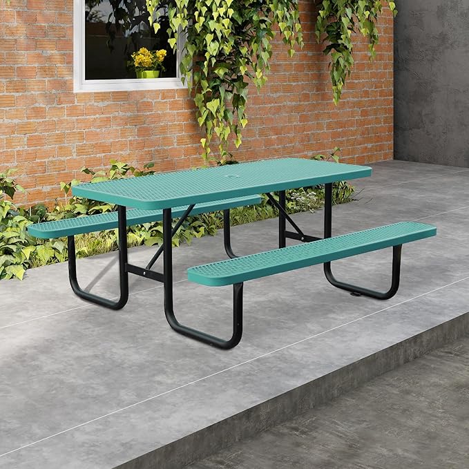 4FT Metal Picnic Tables for Outdoors, Commercial Rectangular Picnic Table and Bench Set for Outside, Patio, Garden, Backyard, Porch, Surface Mount, Green