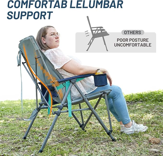 TIMBER RIDGE Oversized Camping Chair with Lumbar Support, Portable Folding Chair Heavy Duty for Adults Supports 450 LBS for Outdoor Camping, Lawn, with High Back, Cup Holder, Side Pocket - Blue