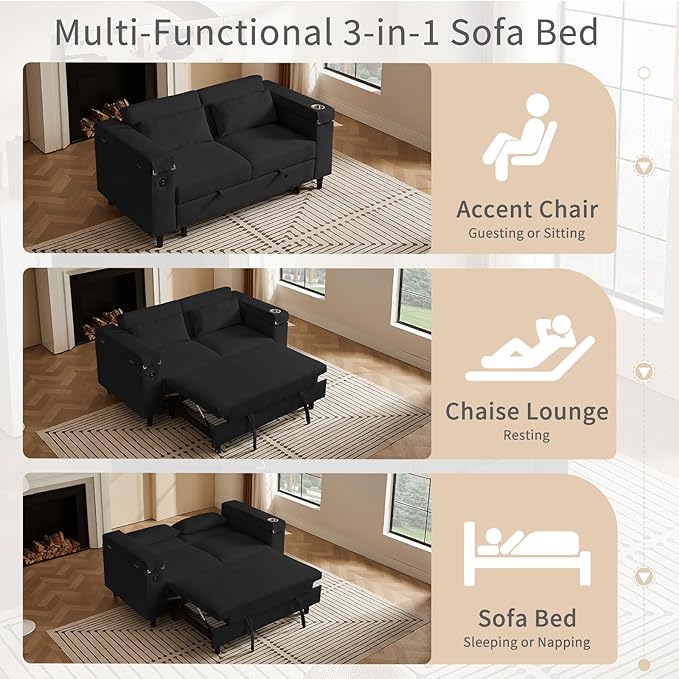 66" Multi-Functional Pull-Out Sofa Bed with Hidden Side Table, Storage Armrests, Built-in Charging Port, Spring Mattress, Solid Wood Frame – Ideal for Small Spaces, Easy Assembly