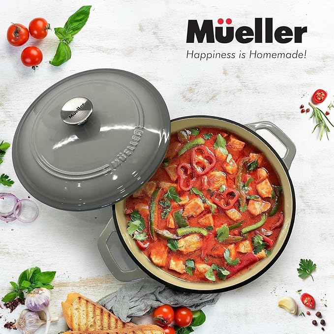 MÜELLERHOME 4.5 QT Enameled Cast Iron Dutch Oven, Heavy-Duty Casserole Dish and Braiser Pan with Lid and Stainless Knob, Oven-Safe up to 500° F & Across All Cooktops, Grey