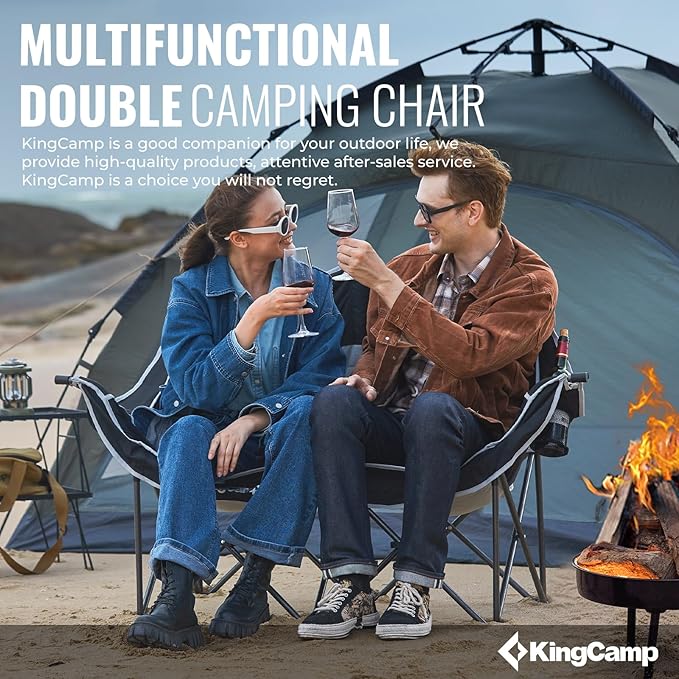 KingCamp Double Camping Chair, Oversized Heavy Duty Loveseat for Adults Portable Folding XL 2 Person Couch Padded Comfortable Two Seat with Cup Holder for Outdoor Lawn Backyard