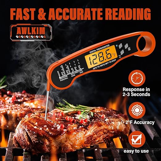 AWLKIM® Meat Thermometer Digital - Fast Instant Read Thermometer for Cooking, Grilling, Candy Making, IP67 Waterproof with Backlight,Christmas Stocking Stuffers Gifts for Men, Dad, Husband - Orange