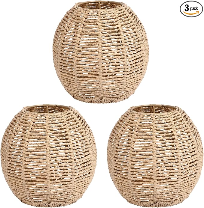 DOITOOL 3Pcs Retro Rattan Woven Pendant Light Cover, Boho Handwoven Rattan Natural Light Fixture, Bulb Guard Lamp Cage for Pendant Light, Lamp Holder, Ceiling Fan Light Bulb (Brown)