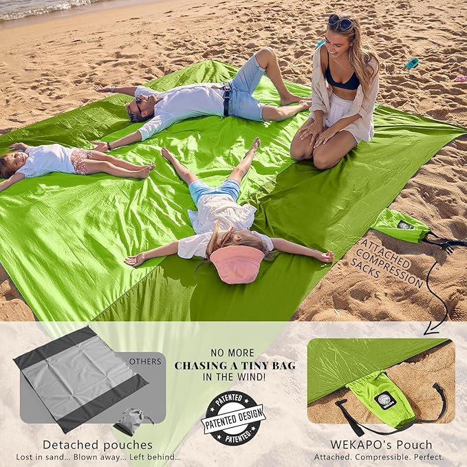 WEKAPO Beach Blanket Sandproof Waterproof, Extra Large Beach Mat, Oversized & Compact Sand Free Mat Quick Drying, Lightweight & Durable with 6 Stakes & 4 Corner Pockets