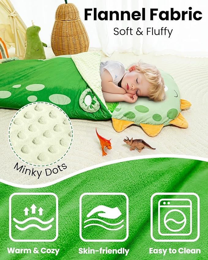 Primlect Kids Sleeping Bag with Pillow, Larger Toddler Nap Mat, Plush Slumber Bag for Boys Girls Daycare Preschool Kindergarten Birthday Gift Travel Sleepover Ages 3-6 Years