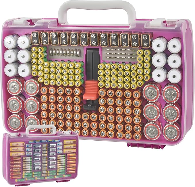 Battery Organizer Storage Holder Case with Double-Sided, Garage Box with Tester Checker. Batteries Container for 269pcs AA AAA AAAA 3A 4A 9V C D Lithium 4LR44 CR2 CR123A CR1632 CR2032 18650 - Purple