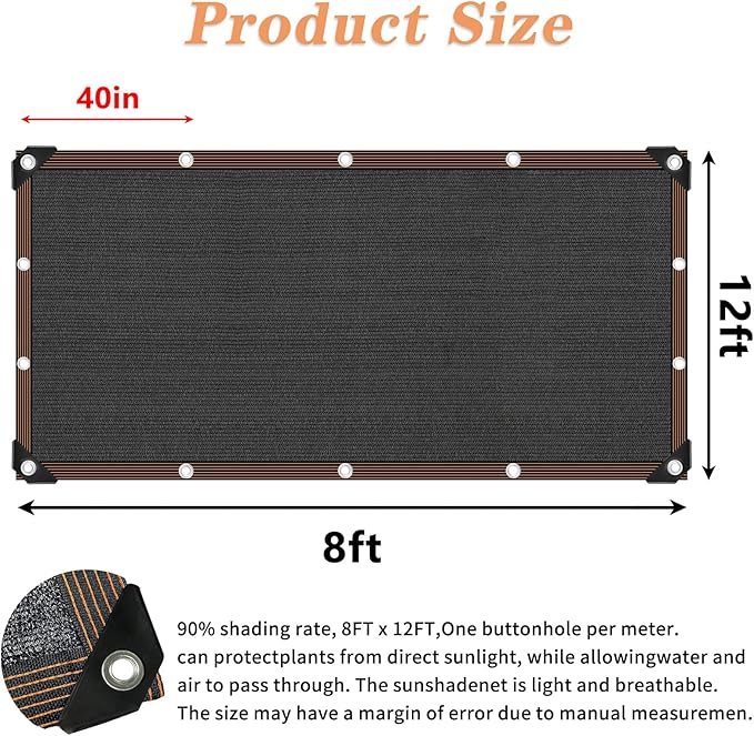 Shade Cloth, 80%-90% Garden Shade Mesh Net with Grommets, Outdoor Black Sunblock Neting Antifreezing Cover for Plant Pergola Patio Greenhouse Chicken Coop, 8x12FT
