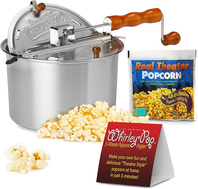 Original Whirley Pop Popcorn Popper with Kernels – 6-Quart Silver Popcorn Maker, Fast & Easy-to-Use Snack Machine for Movie Nights, Durable Aluminum Stovetop Popper with Metal Gears
