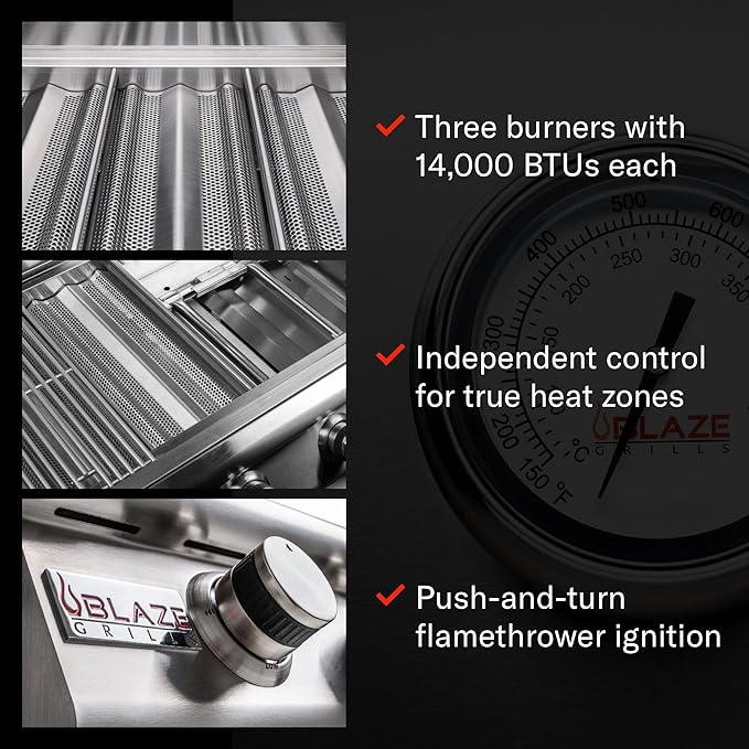 Blaze Prelude LBM Built-in Natural Gas Grill | 25-Inch 3-Burner BBQ with 42,000 BTUs | 304 Stainless Steel Construction | Flame Stabilizing Grids BLZ-3LBM-NG