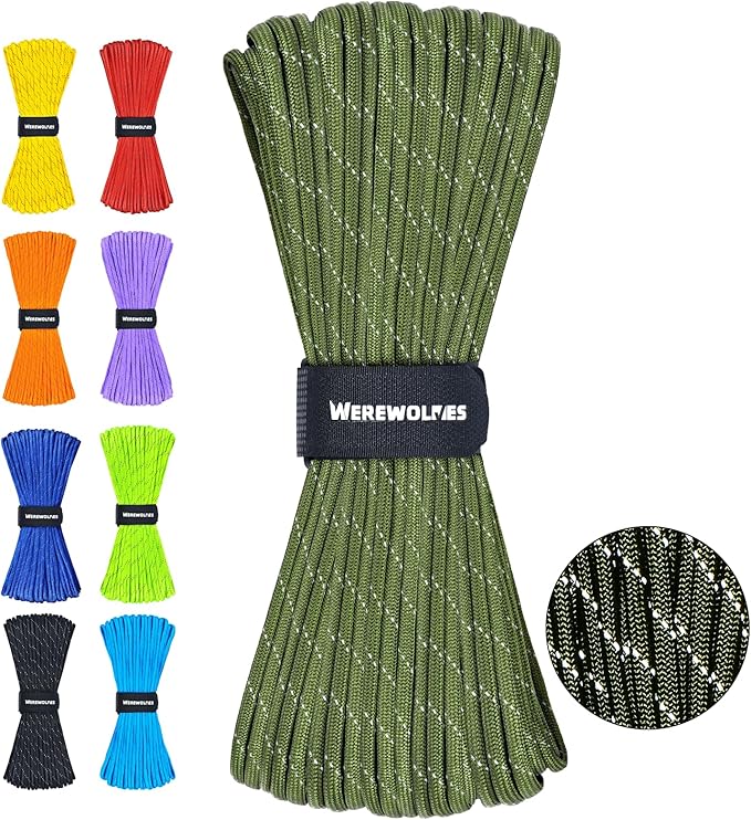 WEREWOLVES Reflective Paracord Rope 7 Strand Type III Parachute Cord 4mm 100ft / 200ft for Tent Camping Hiking Fishing Survival Tactical Clothesline DIY Projects