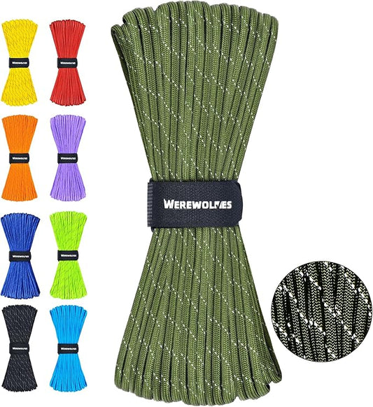 WEREWOLVES Reflective Paracord Rope 7 Strand Type III Parachute Cord 4mm 100ft / 200ft for Tent Camping Hiking Fishing Survival Tactical Clothesline DIY Projects