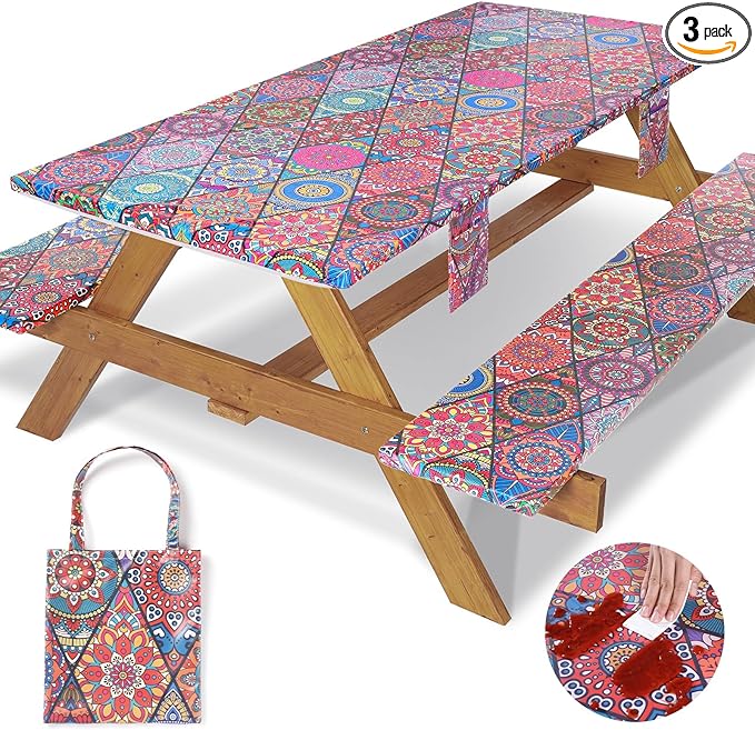 Picnic Table Cover with Bench Covers Fitted Wrinkle Free Camping Table Cloths Hiking Glamping Supplies Travel Trailers Cooking Essential Holiday Festival Decor Gifts for Adult Who Want Nothing