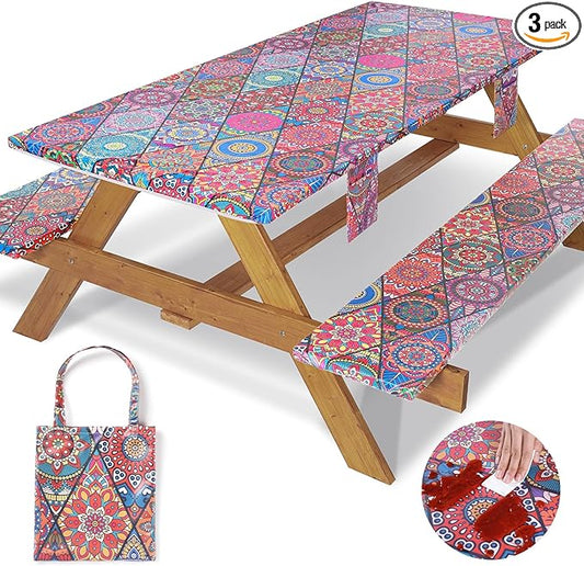 Picnic Table Cover with Bench Covers Fitted Wrinkle Free Camping Table Cloths Hiking Glamping Supplies Travel Trailers Cooking Essential Holiday Festival Decor Gifts for Adult Who Want Nothing