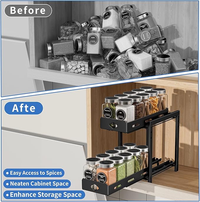 Pull Out Spice Rack Organizer, 2-Tier Vertical Spice Rack, Height Adjustable for Kitchen Cabinet (5.3''Wx10.8''Dx9.2''H, Metal Black)