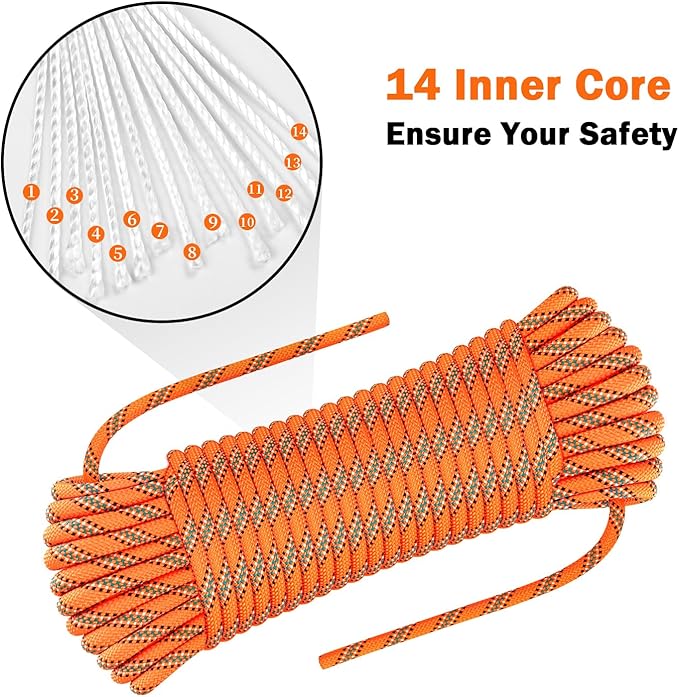 AOLEBA 8.5mm Static Climbing Rope, Outdoor Rock Climbing Ropes, Heavy Duty Rappelling Rope for Fire Rescue, Escape, 10M(32Ft) 20M(64Ft) 30M(96Ft) Ice Climbing Equipment & Parachute Accessories