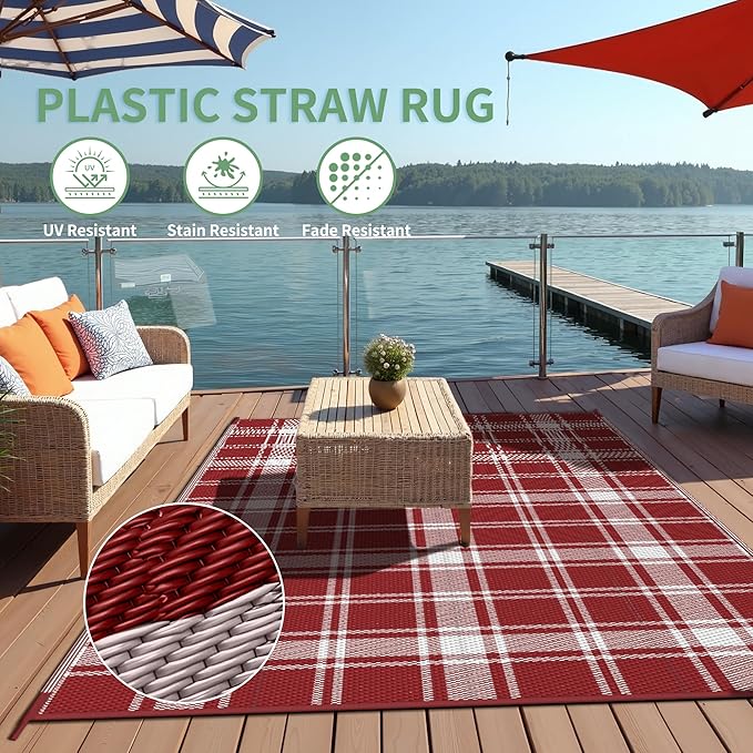 GENIMO Waterproof Outdoor Rug for Patio Clearance, 5'x8' Reversible Plastic Straw Rugs, Lightweight RV Camping Mat for Camper, Balcony, Deck, Backyard, Picnic, Red & White