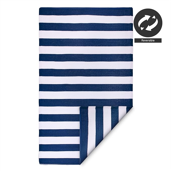 FH Home Outdoor Camping Rug - Waterproof, Fade Resistant, Reversible - Premium Recycled Plastic - Striped - Large Patio, Deck, Sunroom, RV - Brittany Stripe - Blue & White - 9 x 12 ft Foldable