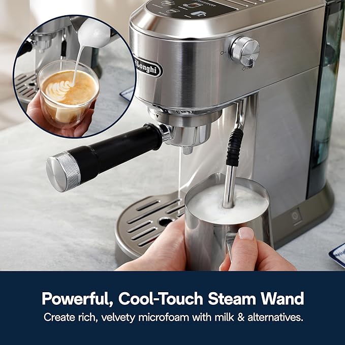 De'Longhi Dedica Duo Compact Espresso Machine - Cold Brew Coffee Maker with Milk Frother Wand- for Espresso, Hot & Iced Coffee, Cappuccinos, Lattes & Home Barista Brewing, Stainless Steel