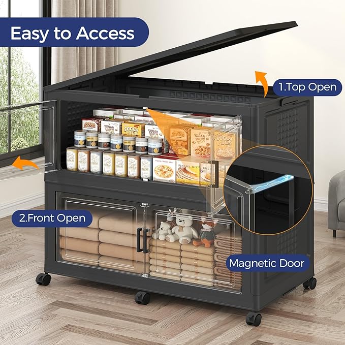 250GAL Extra Large Storage Bins with Lid, 1000Qt Stackable Closet Organizers and Drawers, Collapsible Storage Bins with Wheels, Folding Storages Cabinet for Home Bedroom Office, 5Pack Black