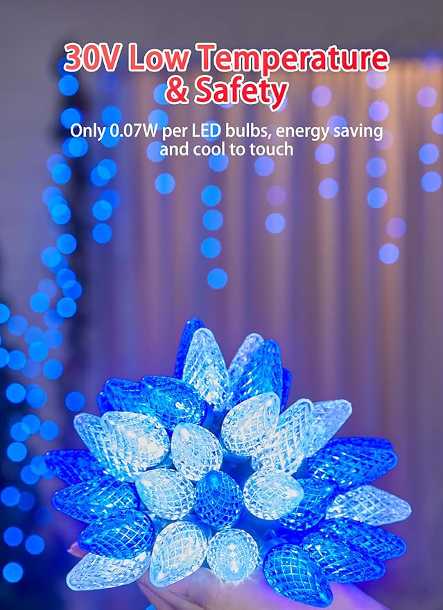 C9 LED Christmas Lights Outdoor, 81 Feet 100 LED String Lights with Timer & 8 Light Mode, Waterproof Commercial Grade Christmas Tree Lights for Outside Indoor Roofline Patio Decor, Blue & Pure White