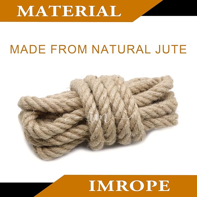Jute Rope 1 Inch x 20 Ft, IMROPE Natural Jute Rope Twisted 4 Strands for DIY Arts Crafts, Garden, Home Decorating, Hammock