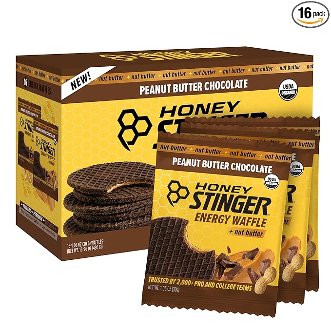 Honey Stinger Organic Peanut Butter Chocolate Waffle, Energy Stroopwafel for Exercise, Endurance and Performance, Sports Nutrition for Home & Gym, Pre & During Workout, 16.96 Ounces (Pack of 16)