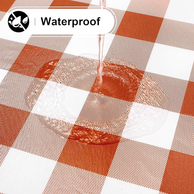 misaya Round Waterproof Vinyl Table Cloth, Buffalo Flannel Backed Tablecloth, Wipeable Plastic Table Cover for Dinner, Kitchen, Picnic, (60", Rust and White)