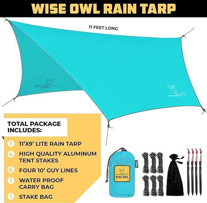 Wise Owl Outfitters Hammock Rain Fly – Waterproof Camping Tarp Cover with Tent Stakes & Carry Bag, Ultralight Shelter for Backpacking & Outdoor Shade