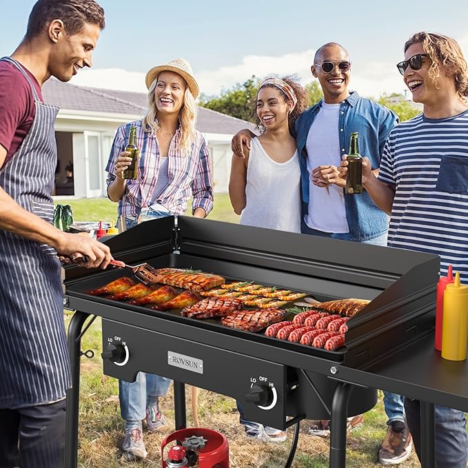 ROVSUN 2 Burner Outdoor Camping Stove with Wind Panel & Shelves, Heavy Sturdy Propane Burner, Gas Cooker with Detachable Legs & CSA Regulator for Home Camp Paito Cooking Frying Canning