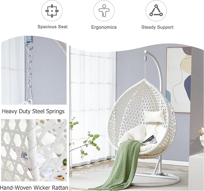 JUFU Egg Swing Chair with Stand,Hanging Egg Chair with Cushions and Pillow,Heavy Duty Lounge White Basket Chair,Indoor Outdoor Patio Porch Lounge Hammock Chair for Patio Balcony Backyard,Bedrooms