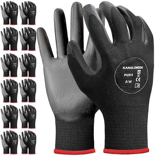Kebada Safety Work Gloves, 12 Pairs Work Gloves with Grip, PU Coated Grip Gloves for Warehouse, Construction, Gardening and Mechanics, Black, Medium