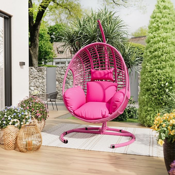Oversized Hanging Egg Chair Outdoor Wicker Swing Chair with Stand Rain Cover UV Resistant Cushion 400lbs Capacity for Patio, Garden and Balcony