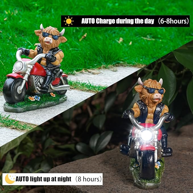 Decorative Highland Cow on Motorcycle Statue with LED Headlight - Rustic Outdoor Garden Ornament, Biker Cow Figurine for Yard, Patio, or Home Decor Gifts