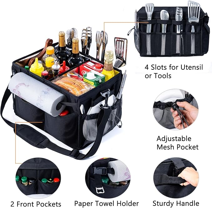 Large Grill Caddy with Lid – BBQ Organizer for Camping, Tailgating, RV, Boating – Grilling Gifts for Men – Collapsible Griddle Tote Bag with Shoulder Strap – Outdoor Essentials