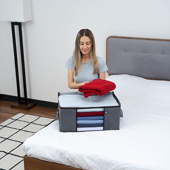 VENO 3 Pack Large Clothes Storage Bag Organizer with Reinforced Handle Thick Fabric for Comforters, Blankets, Bedding, Foldable with Sturdy Zipper, Clear Window, Grey, Reusable (13.3 Gallon)