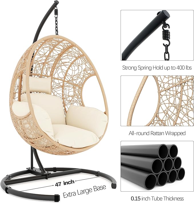 Oversized Hanging Egg Chair Outdoor Indoor, Wicker Swing Egg Chair with Stand 400lbs Capacity for Bedroom, Patio, Garden and Balcony (Beige-nest, Oversize)
