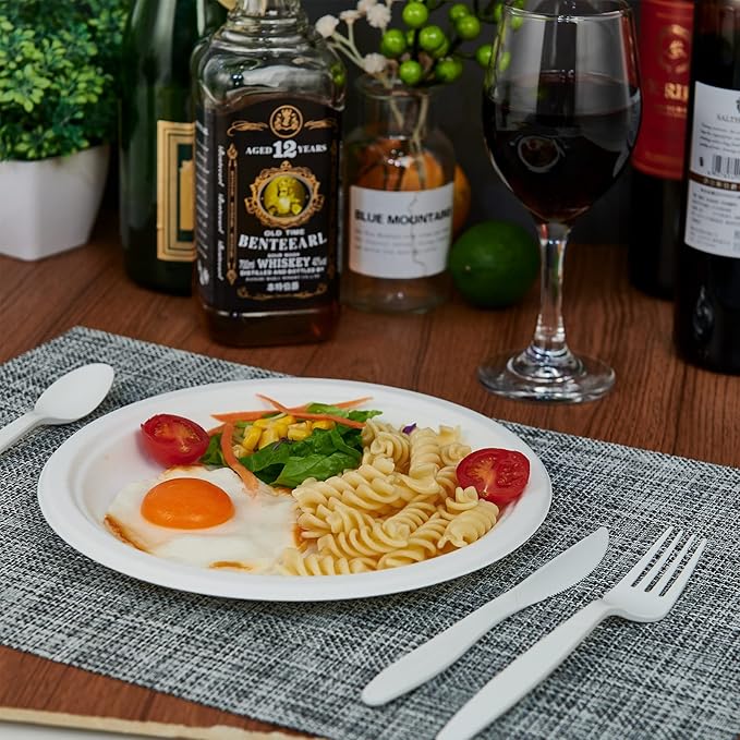 ECOLipak 100% Compostable 10 Inch Heavy Duty Paper Plates, 150 Pack Disposable Biodegradable Eco-friendly Sugarcane Bagasse Plates for Dinner Party(White)